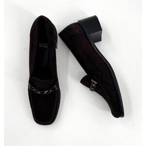 Stuart Weitzman Narrow Dark Brown Suede Loafers 7.5 AA With Chain Detail